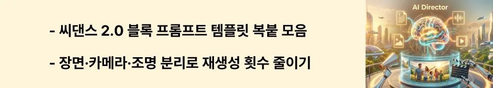 "씨댄스 2.0 블록 프롬프트 템플릿 복붙 모음"이라는 문구가 포함된 웹배너 이미지. 이 이미지는 씨댄스 2.0 영상 생성에 최적화된 블록 분리형 프롬프트 구조와 예시 3가지를 시각적으로 전달하며, 블로그의 씨댄스 2.0 프롬프트 작성법 및 템플릿 가이드와 관련된 내용을 설명함 (Seedance 2.0 prompt template, block-style prompt guide, AI video prompt examples)