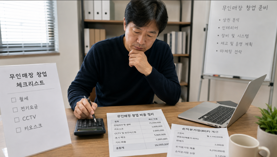 무인점포 창업 비용과 월 고정비를 계산하며 손익분기점을 점검하는 장면