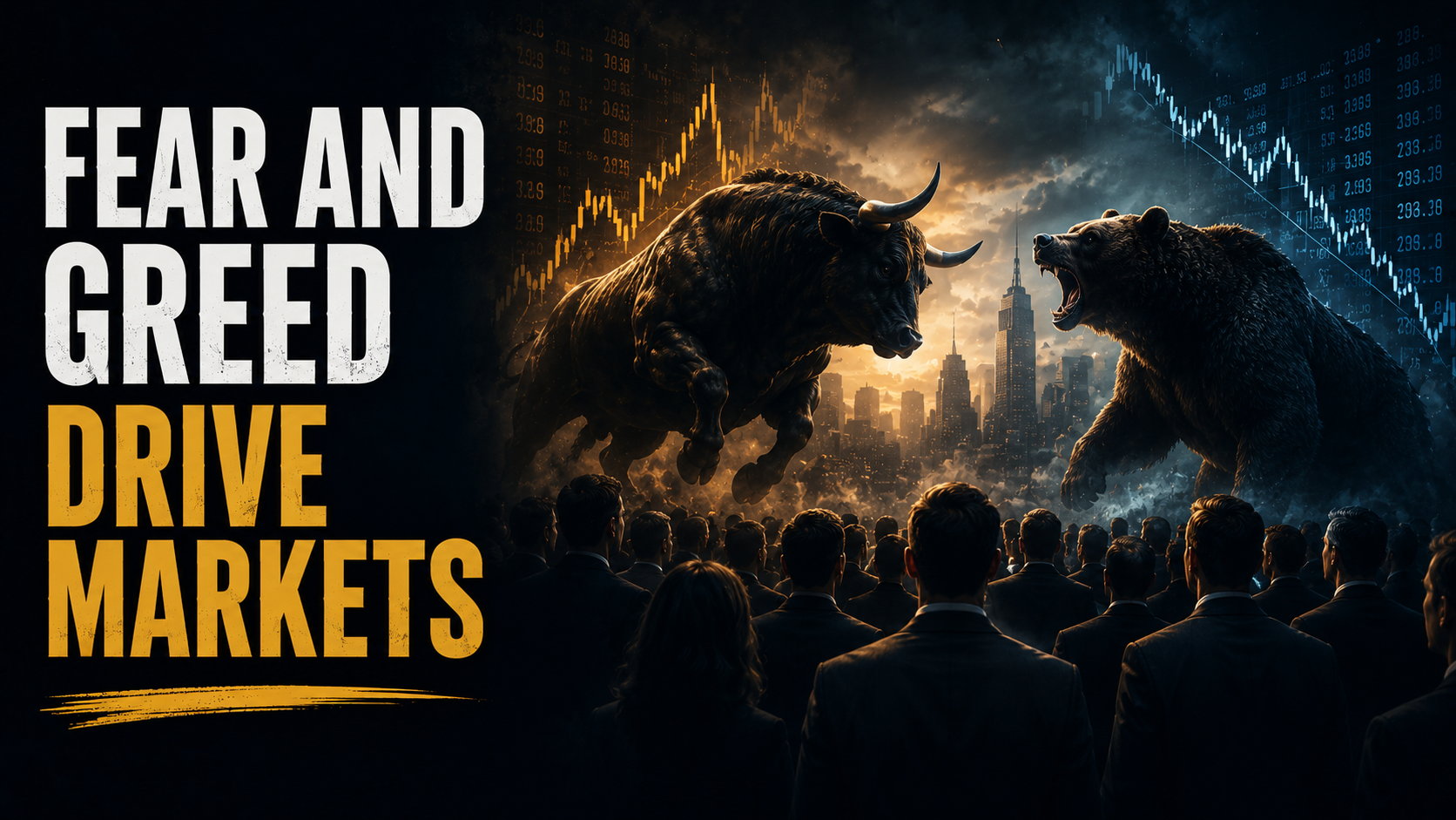 Bull and bear facing off as symbols of greed and fear influencing stock market psychology.