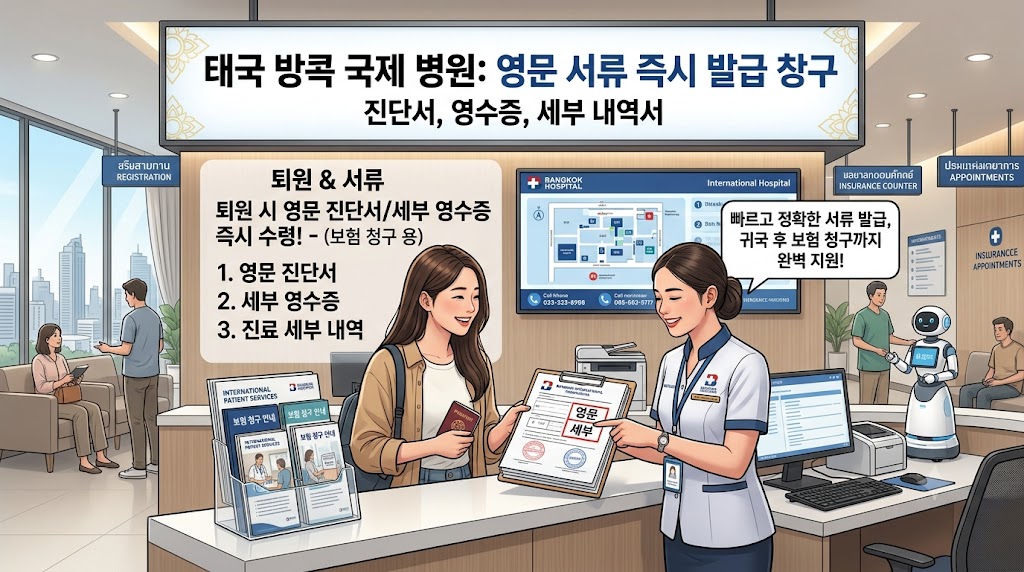 방콕의 현대적인 국제병원 수속 창구 모습