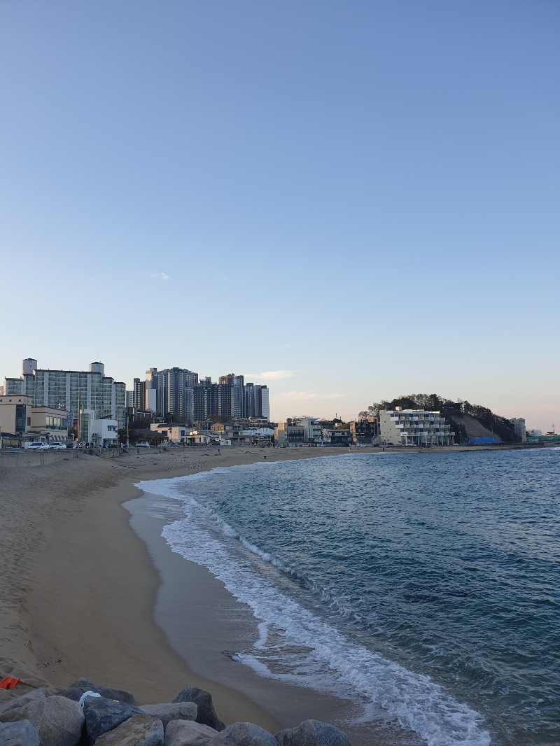 해변이 역 C자 모양으로 이어져 있고 그 끝에는 아파트와 상가들이 보인다.