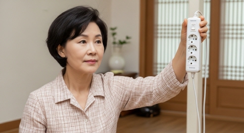 멀티탭을 높이는 주부의 손