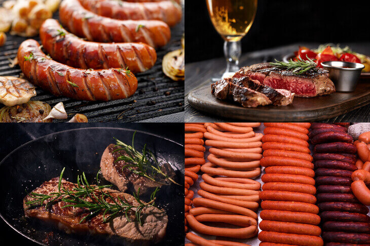 스테이크와-여러-종류의-소시지가-나열