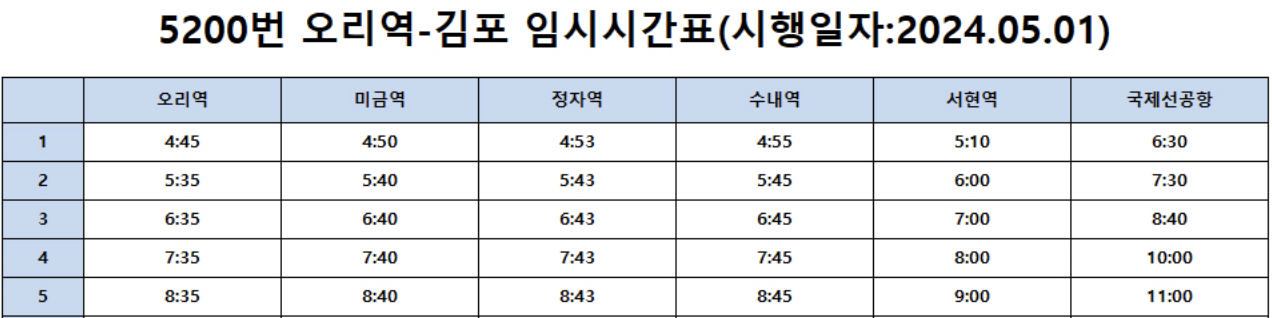 5200 공항버스 예매 시간표 리무진 버스 5200번 예약 (오리역 미금역 수내역 서현역 / 단국대 ~김포공항)