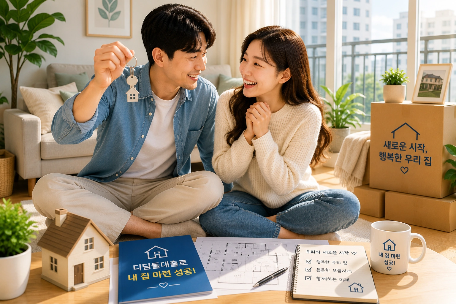 신혼부부가 새집에서 집 열쇠를 들고 디딤돌대출을 통해 내 집 마련에 성공한 기쁨을 나누는 모습