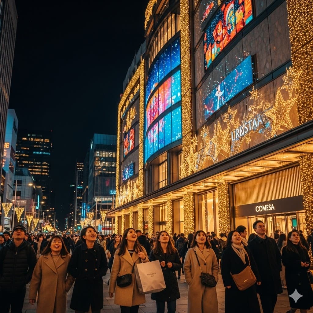 조명 디자이너가 연출한 화려한 크리스마스 미디어 파사드와 도시 야간 경관 조명