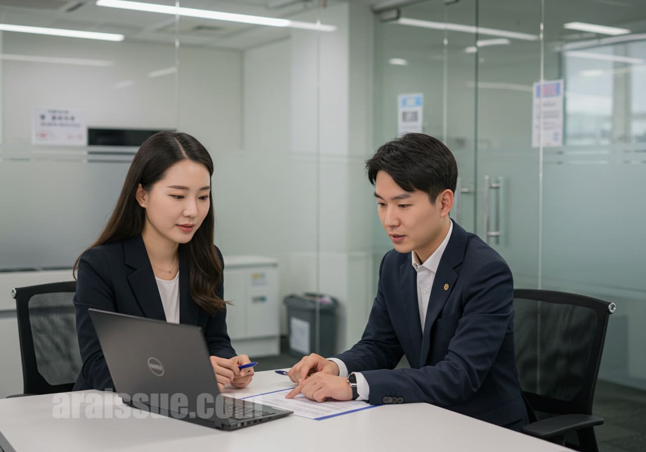 실손보험 약관을 검토하는 한국 여성, 보험사와 상담 중인 모습.