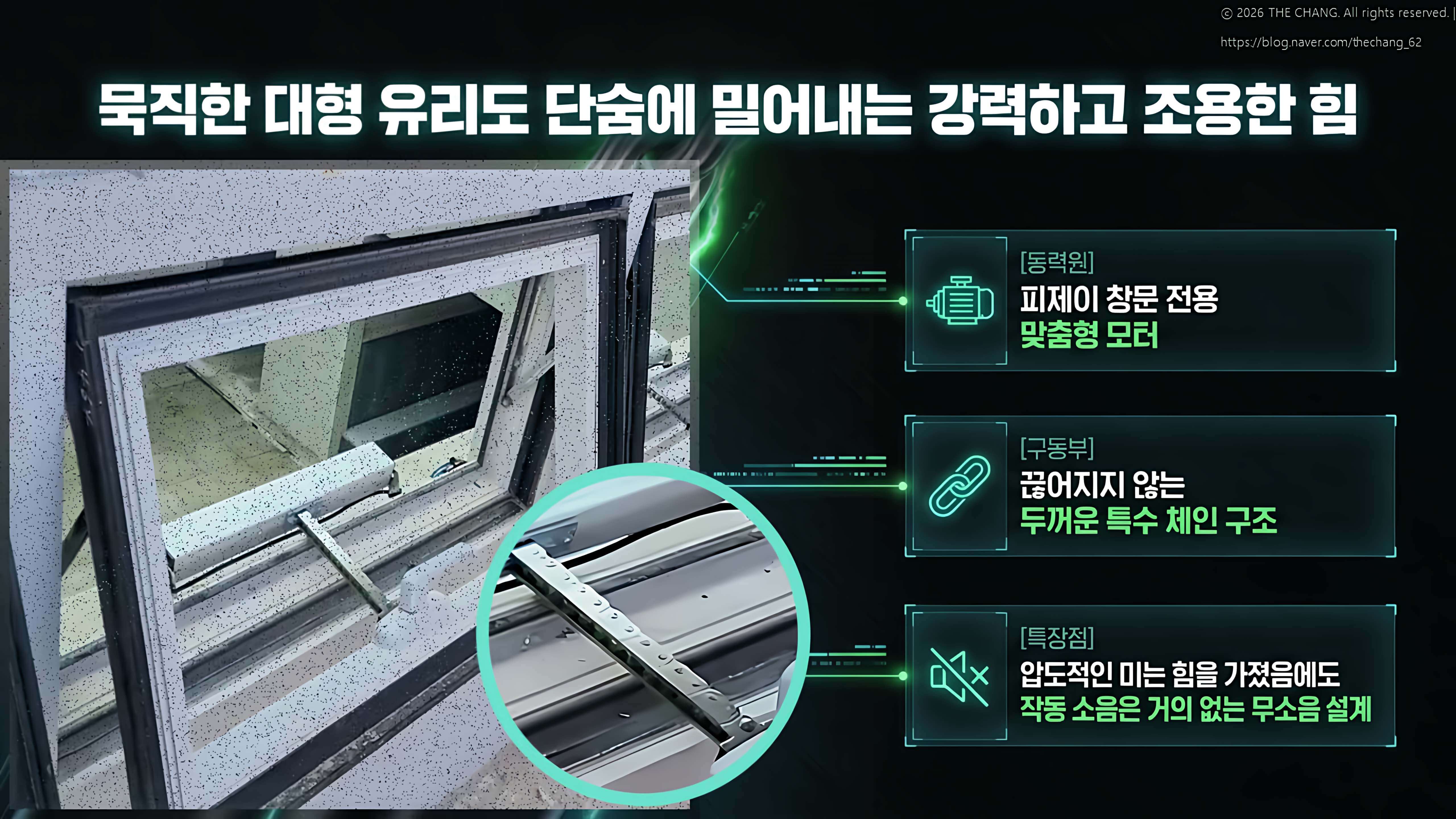 PJ 창문 전용 모터, 특수 체인 구조, 무소음 설계