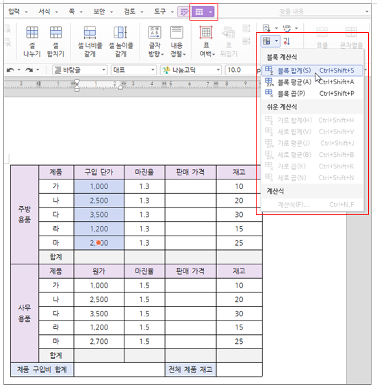 한글 표 계산식 표 합계