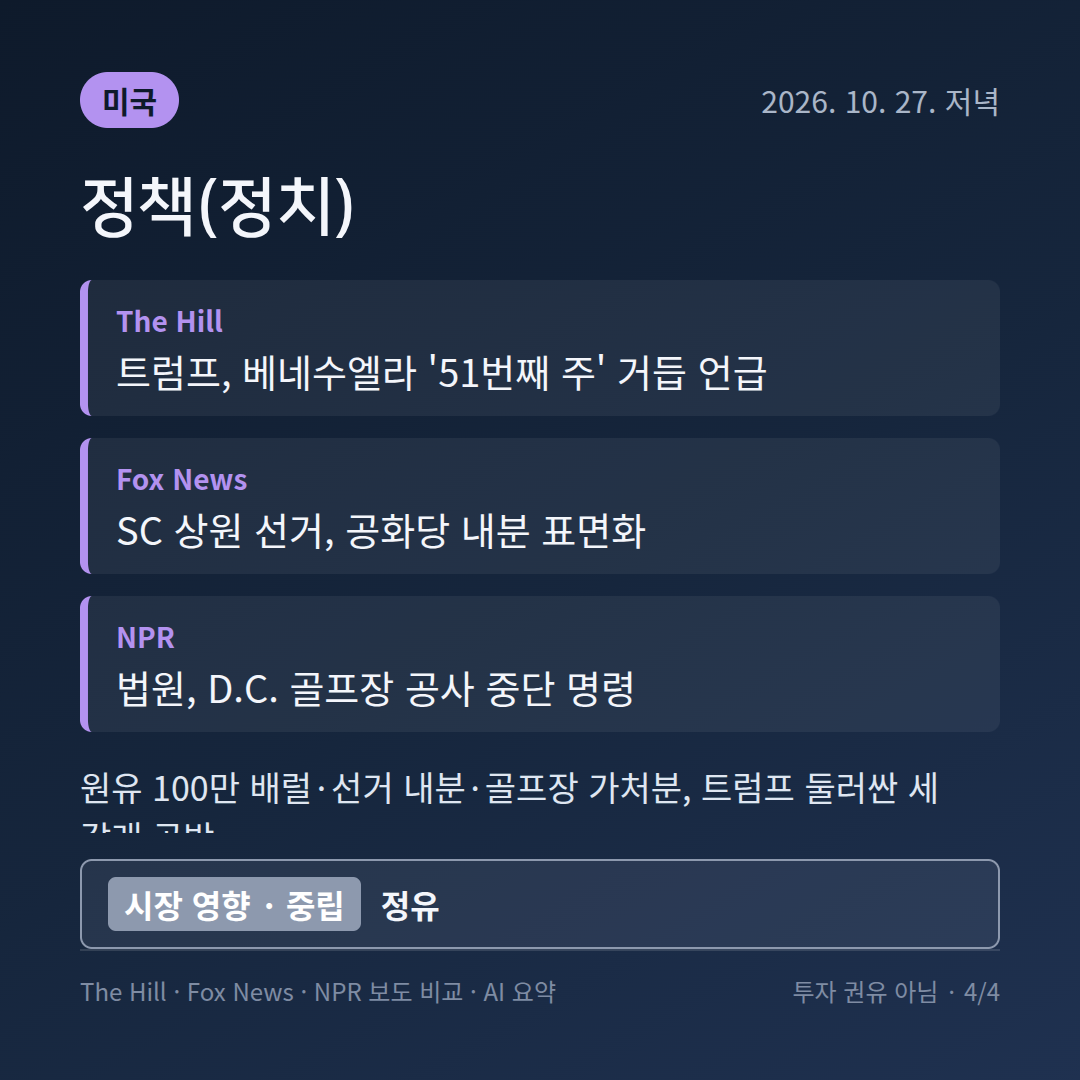 미국 정책(정치) 보도 비교 카드: 연준 금리 결정&middot;GM 나스닥 이전&middot;베네수엘라 51번째 주