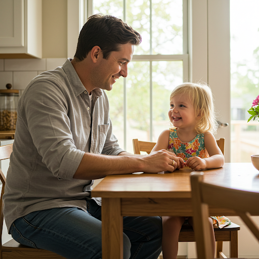 아빠와 즐거운 대화를 하고 있어요