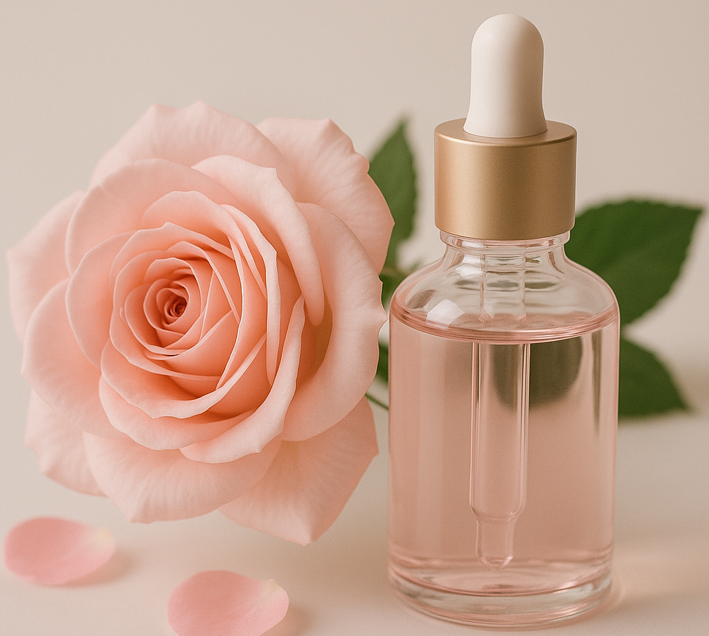 클로즈업된 생장미와 유리병에 담긴 화장품 이미지