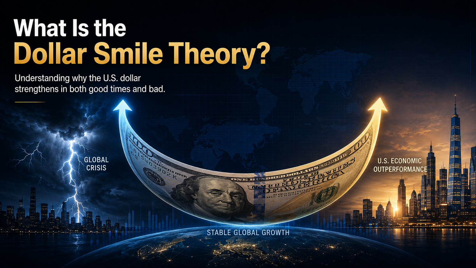 Infographic explaining the Dollar Smile Theory and why the U.S. dollar strengthens during global crises and strong U.S. economic performance.