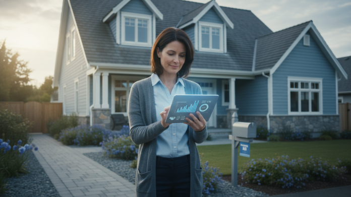 2025년 생계급여 수급 기준을 확인하는 사람이 자신의 주택 앞에서 태블릿을 보는 모습