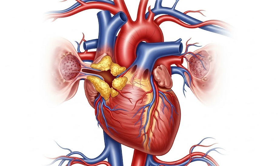 더덕과 건강한 심장 및 혈관이 어우러져 심혈관 건강 개선을 상징하는 이미지.