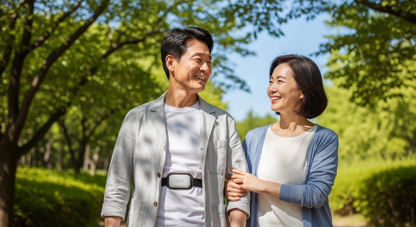 원에서 아내와 함께 산책하며 웃고 있는 중년 남성, 옷 아래로 웨어러블 인공신장 기기를 착용하고 있다