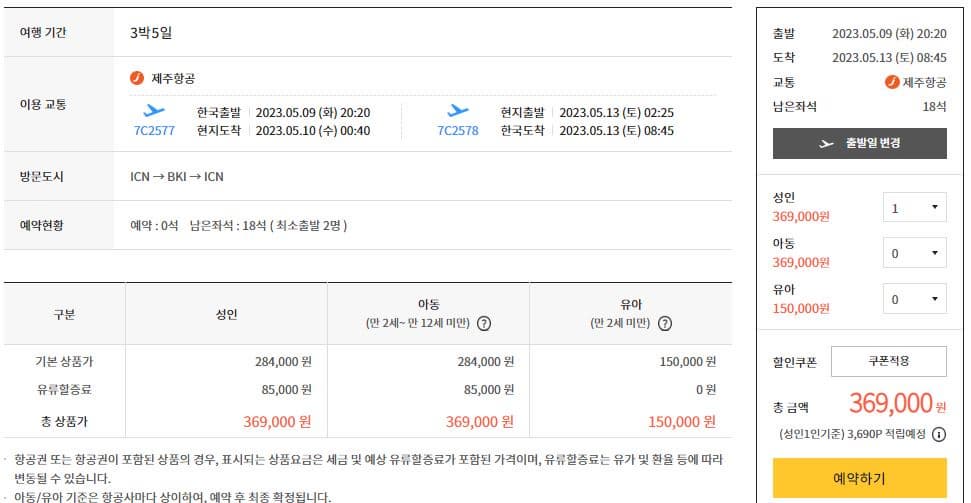 노랑풍선 코타키나발루 패키지여행 가격