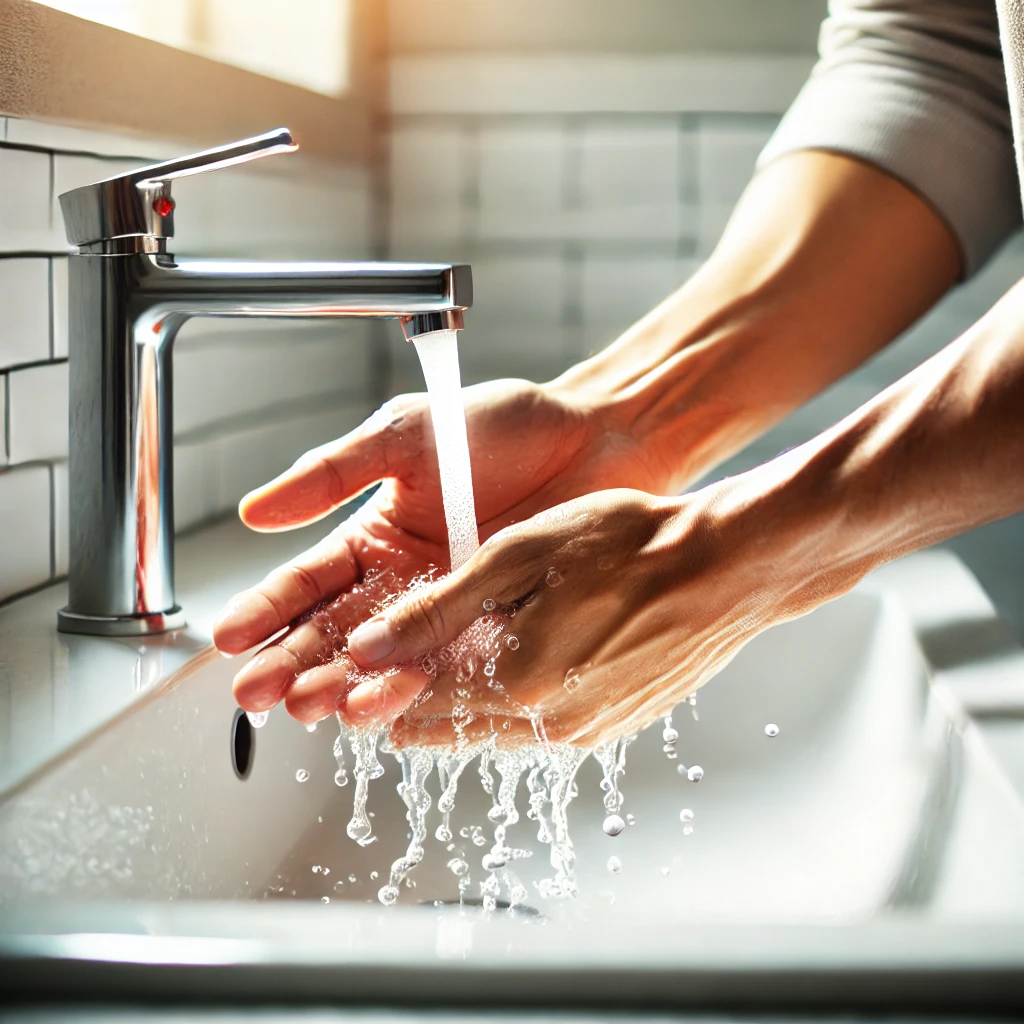 깨끗한 물에 손을 씻으며 장염 예방을 실천하는 사람