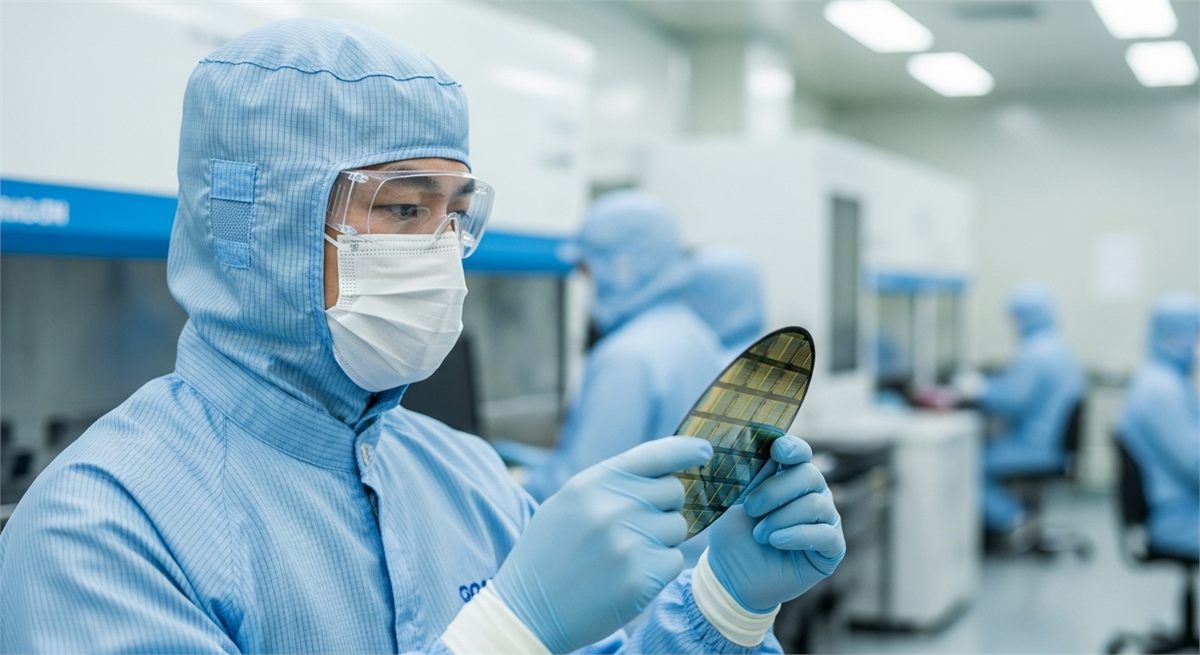 클린룸에서 웨이퍼를 점검하는 한국 반도체 엔지니어 