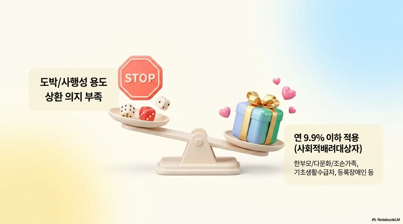 햇살론특례 자격: 도박과 사행성 용도 그리고 상환 의지 부족은 정지 표시로&amp;#44; 사회적배려대상자는 연 9.9퍼센트 이하 우대로 저울에 비교한 이미지. 이 이미지는 햇살론특례 보증이 거절되는 사유와 한부모 다문화 조손가족 기초생활수급자 등록장애인 등 사회적배려대상자 우대금리를 시각적으로 전달하며&amp;#44; 블로그의 햇살론특례 거절 사유와 우대 조건과 관련된 내용을 설명함 