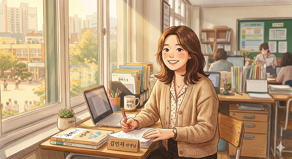 업무를 보고 있는 신규선생님 이미지