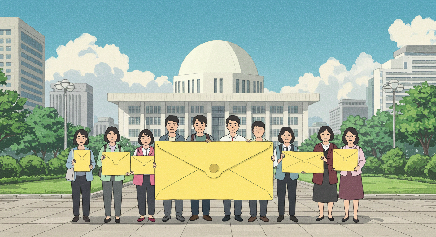 국회 앞에서 노란 봉투를 들고 있는 한국인들의 연대 모습