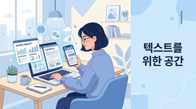 AI 도구를 활용해 업무 중인 여성 일러스트