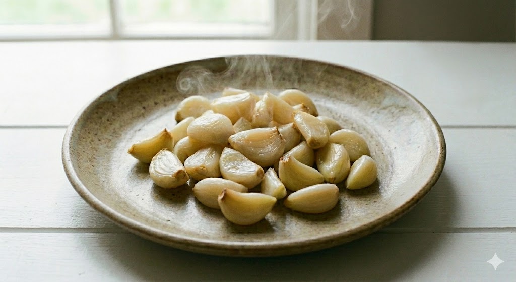 매운맛은 날아가고 밤처럼 고소하고 포슬포슬한 식감만 남은 부드러운 삶은 마늘