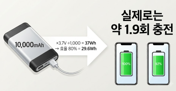 10,000mAh 보조배터리를 에너지로 환산하고 변환 손실을 반영해 휴대폰을 약 1.9회 충전할 수 있음을 보여 주는 그림