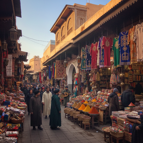 모로코 마라케시의 활기 넘치는 수크 거리 풍경, 다채로운 직물과 향신료, 현지인들이 어우러진 모습