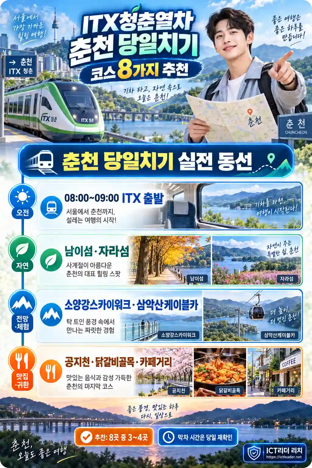 ITX청춘열차 오전 출발부터 남이섬, 소양강스카이워크, 삼악산케이블카와 닭갈비골목까지 춘천 당일치기 동선을 설명하는 남성 인포그래픽
