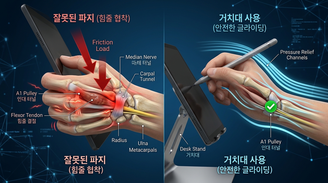 테블릿 PC와 펜슬을 거치대 없이 잘못된 자세로 장시간 움켜쥘 때 손가락 내부의 A1 활차 인대 터널이 붓고 굴곡건 힘줄 결절이 걸려 손가락이 잘 안 펴지는 방아쇠수지증후군 유발 원리(왼쪽)와 올바른 바닥 부착형 거치대 사용 및 힘줄 글라이딩 스트레칭 수칙을 통해 압력을 해소하고 힘줄을 안전하게 보호하는 과정(오른쪽)을 비교하여 한글 자막과 함께 시각화한 정형외과 의학 일러스트레이션.