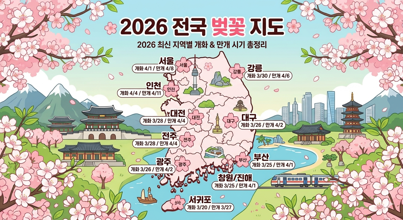 2026년 전국 지역별 벚꽃 개화 시기 안내 지도 및 서울 지방 주요 명소 가이드