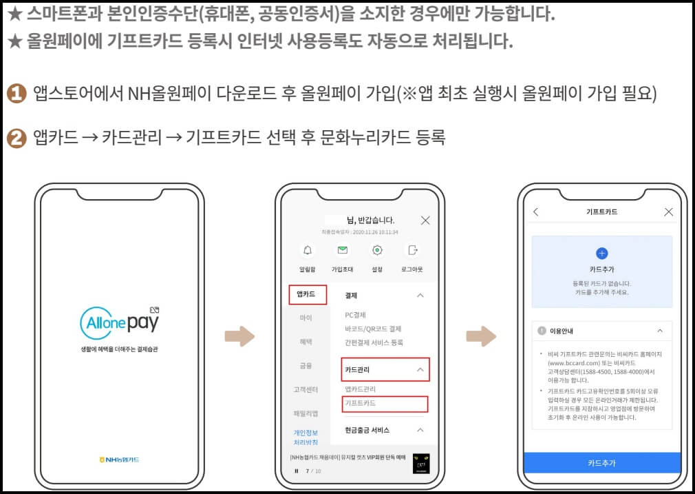 올원페이를 통한 문화누리카드 사용등록