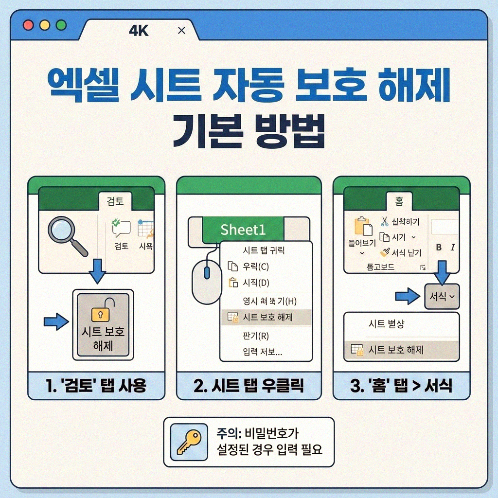 엑셀 시트 자동 보호 해제 어렵지 않아요