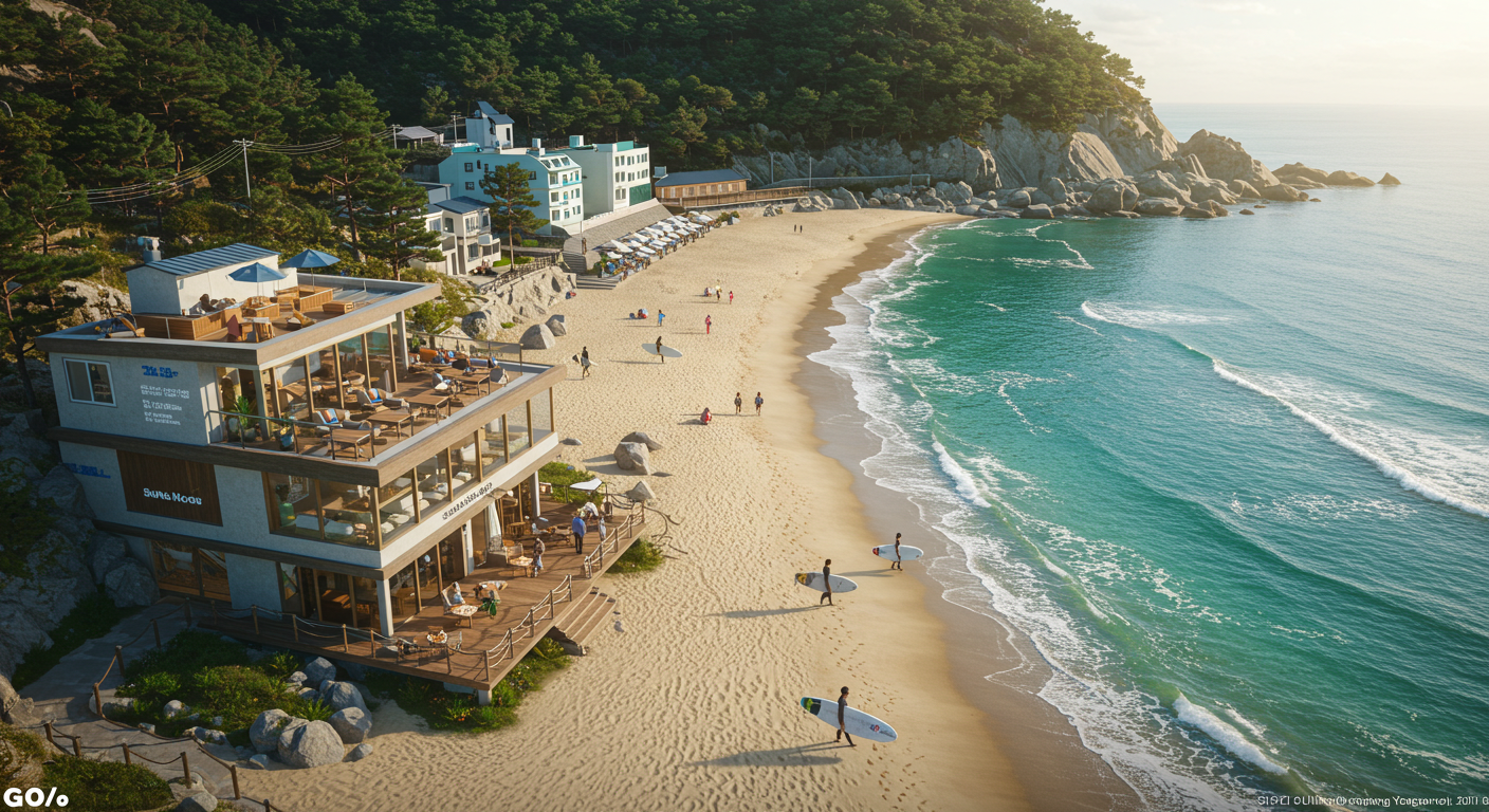 양양 서피비치 라운지에서 바라본 서퍼들과 에메랄드빛 바다 전경