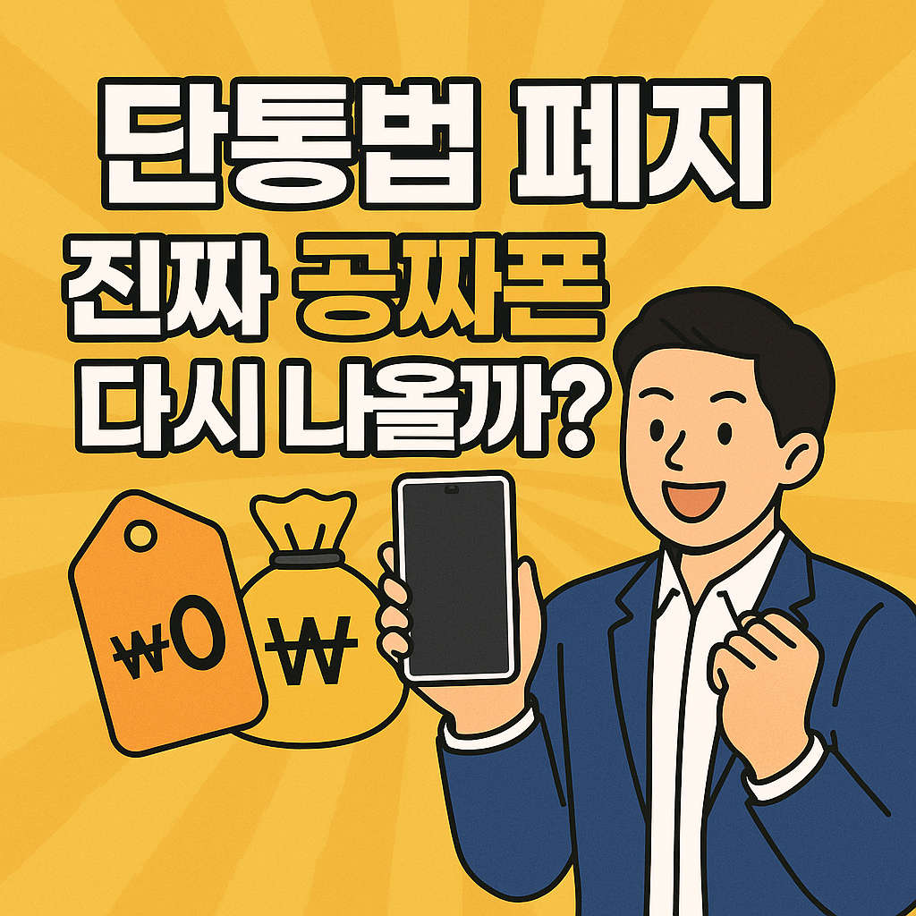 단통법 폐지 이슈를 다룬 썸네일 이미지, &lsquo;진짜 공짜폰 다시 나올까?&rsquo; 문구와 ₩0 태그, 스마트폰을 든 남성이 강조된 노란 배경의 일러스트