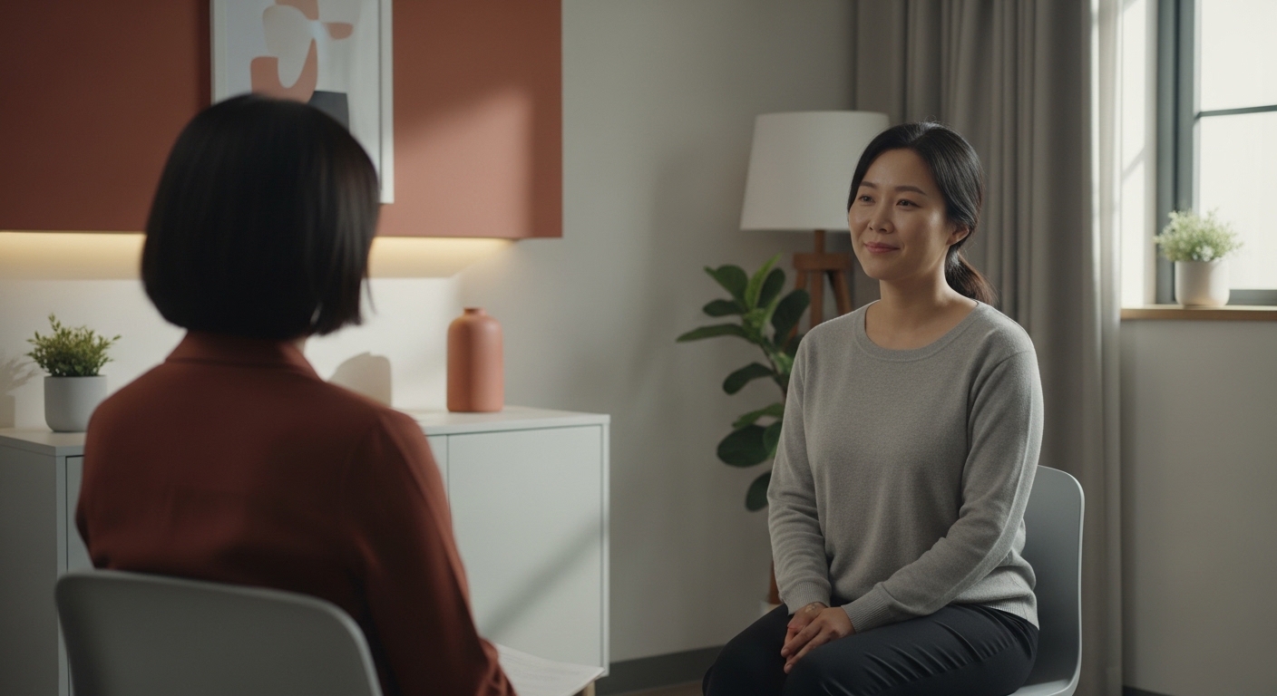 따뜻하고 아늑한 심리상담실에서 상담사와 대화하며 위로받는 사람의 모습. 마음 건강 회복과 희망을 상징합니다.