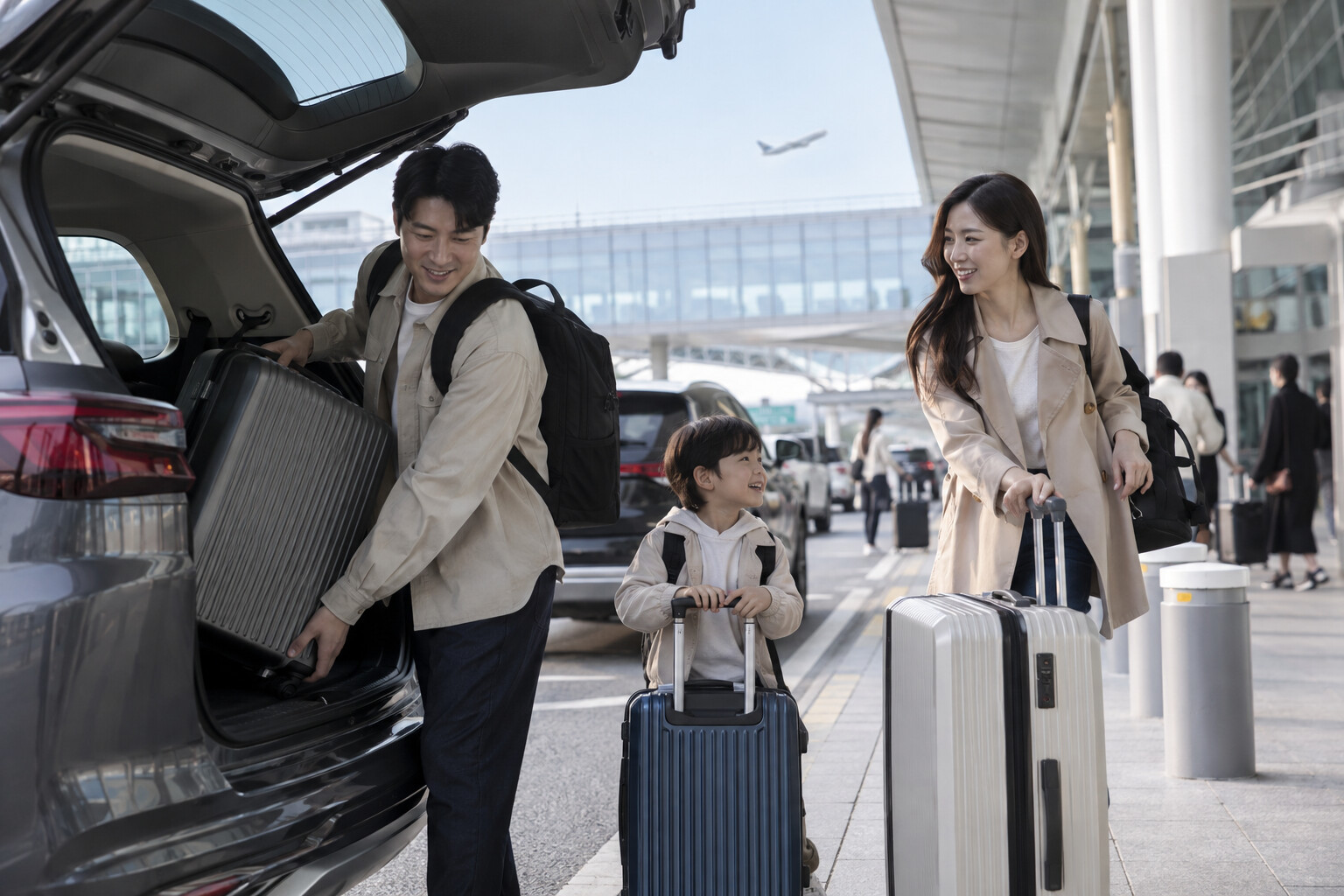 인천공항 출국장 앞에서 가족의 여행가방을 내려주는 차량