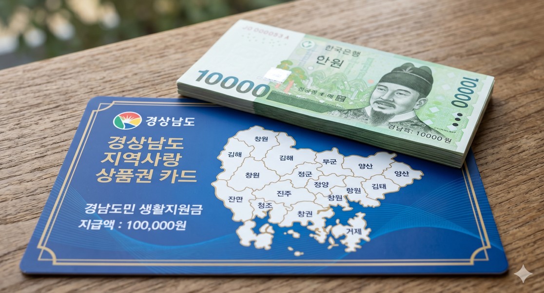경상남도 지도가 그려진 카드 위에 10만원권 지폐가 놓여 있는 이미지