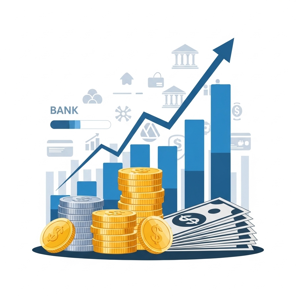 2025년 은행별 정기예금과 적금 상품을 비교하며 자산을 불리는 재테크 이미지를 현대적이고 희망적으로 표현.