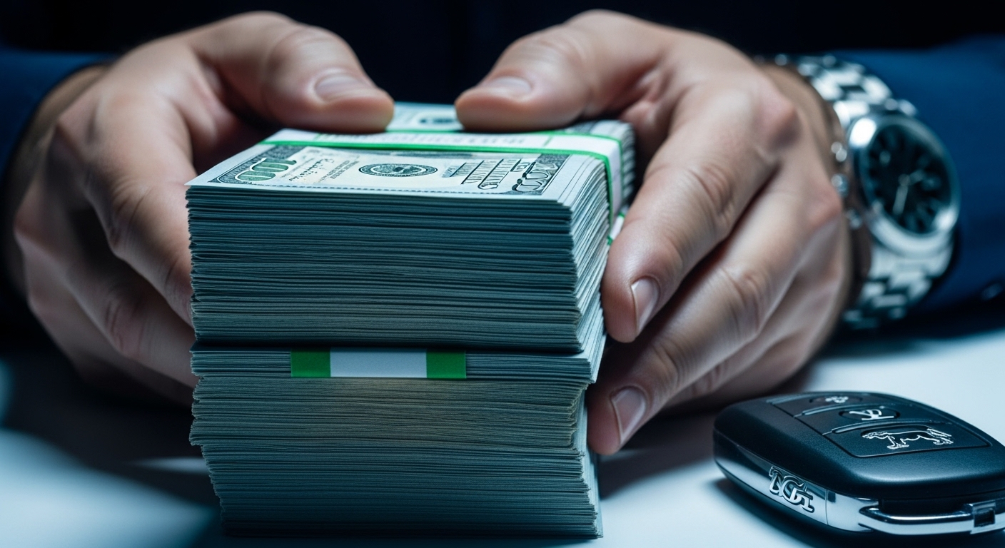손에 쥔 두툼한 현금 뭉치, 일시금 수령의 즉각적인 만족감과 유혹을 상징합니다.