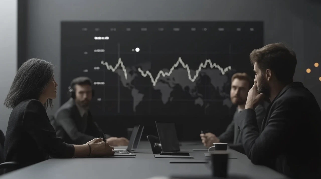 다양한 사람들이 글로벌 금시장 차트를 분석하는 장면, 금융 전략 및 시장 전망, 심각하고 전략적인 분위기