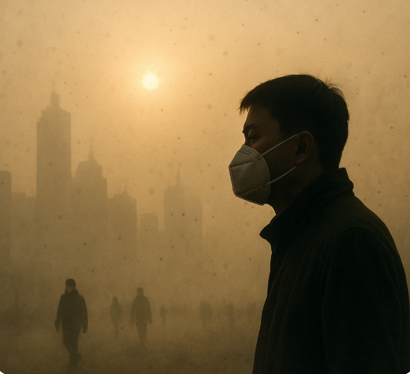 미세먼지로 가득한 도시에서 마스크를 쓴 인물이 일몰 빛 아래를 걷는 모습