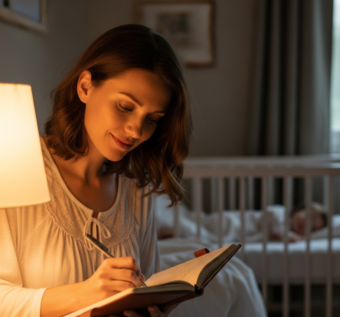 아이를 재우고 엄마가 일기를 쓰고 있는 모습