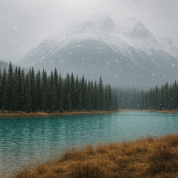 눈 내리는 알버타의 산악 풍경. 맑은 에메랄드빛 호수와 짙은 침엽수 숲이 펼쳐져 있고, 뒤로는 눈 덮인 산맥이 흐릿하게 솟아 있다. 부드러운 눈발이 고요하게 내리는 장면이다.