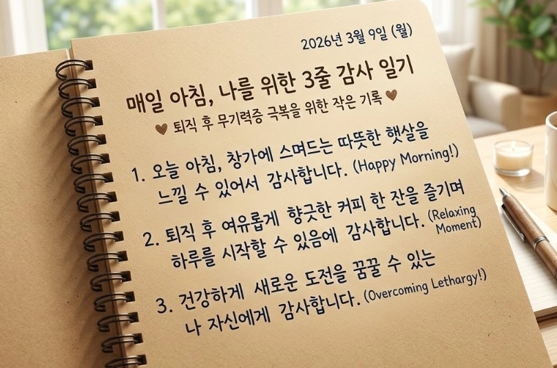 퇴직 후 무기력증 극복을 위해 매일 아침 손글씨로 작성하는 3줄 감사 일기 노트 연출 사진