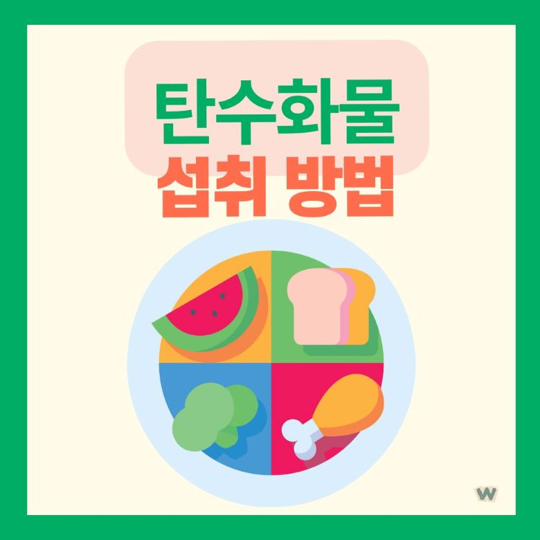탄수화물 섭취 방법 균형잡힌 식단 구성 인포그래픽 - 과일 빵 채소 단백질 4분할 접시 via Canva