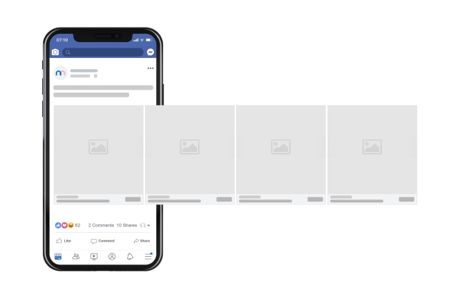 Mockup of a mobile phone displaying a Facebook carousel ad with multiple placeholder images.