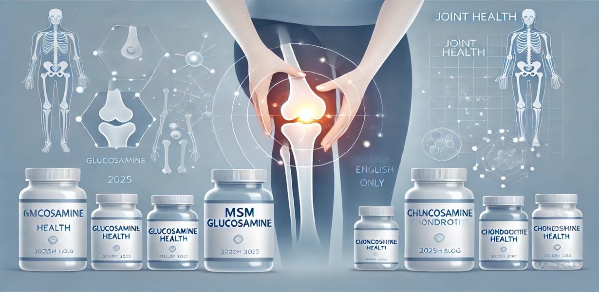 관절 통증을 겪는 사람의 무릎과 관절 구조를 배경으로 한 글루코사민, MSM, 콘드로이틴 등 관절 보충제가 나열된 이미지